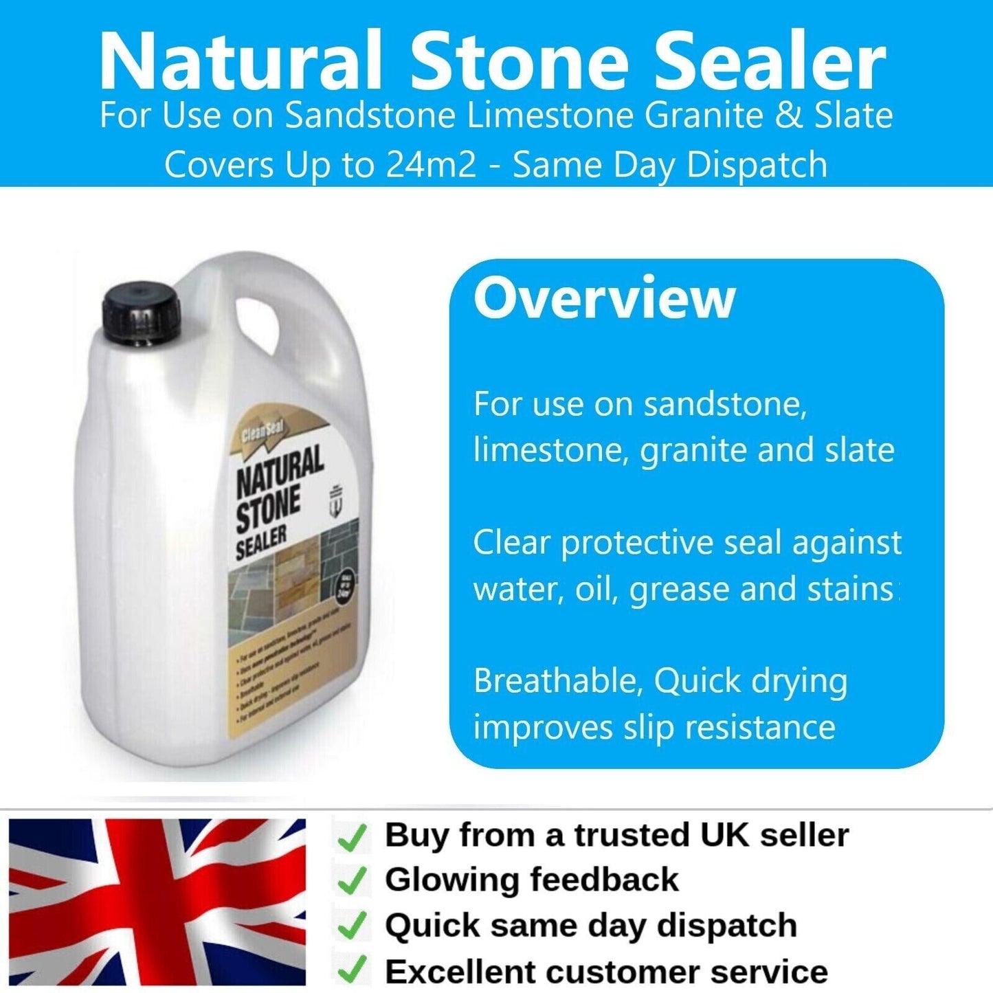 Stone Sealer Natural Indian Paving 4 Litre Seals Stone Clean Seal Patio 24m2 4L