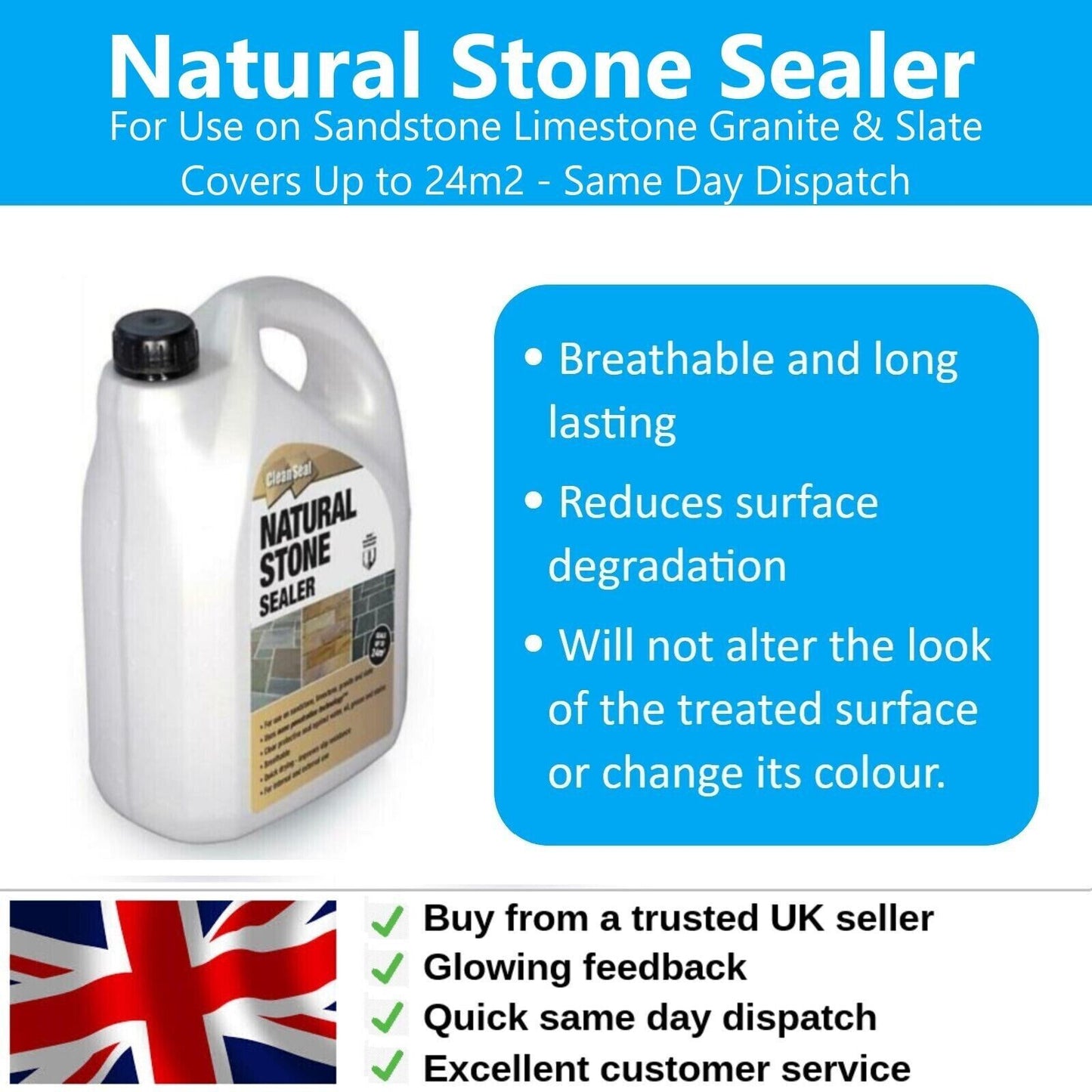 Stone Sealer Natural Indian Paving 4 Litre Seals Stone Clean Seal Patio 24m2 4L