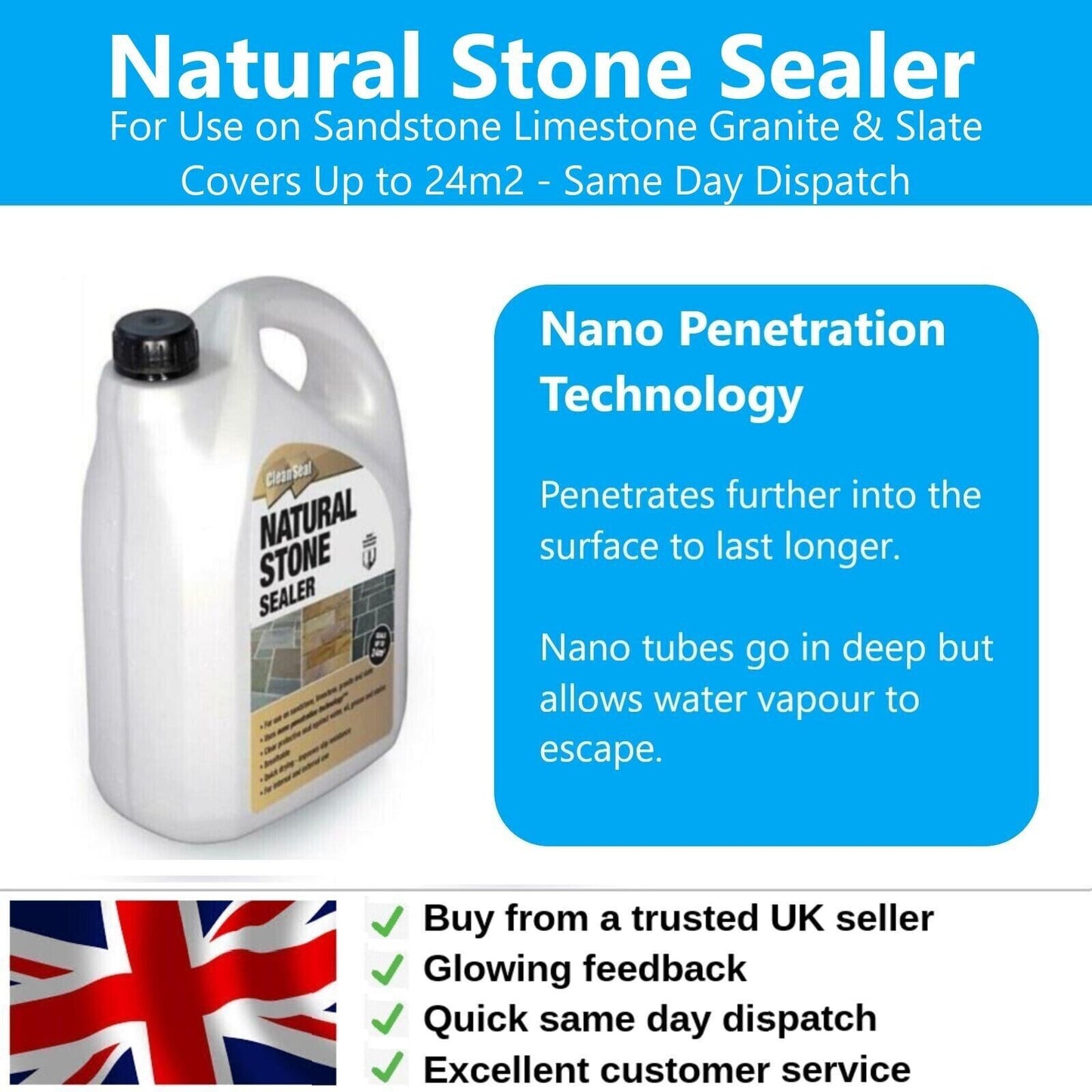 Stone Sealer Natural Indian Paving 4 Litre Seals Stone Clean Seal Patio 24m2 4L