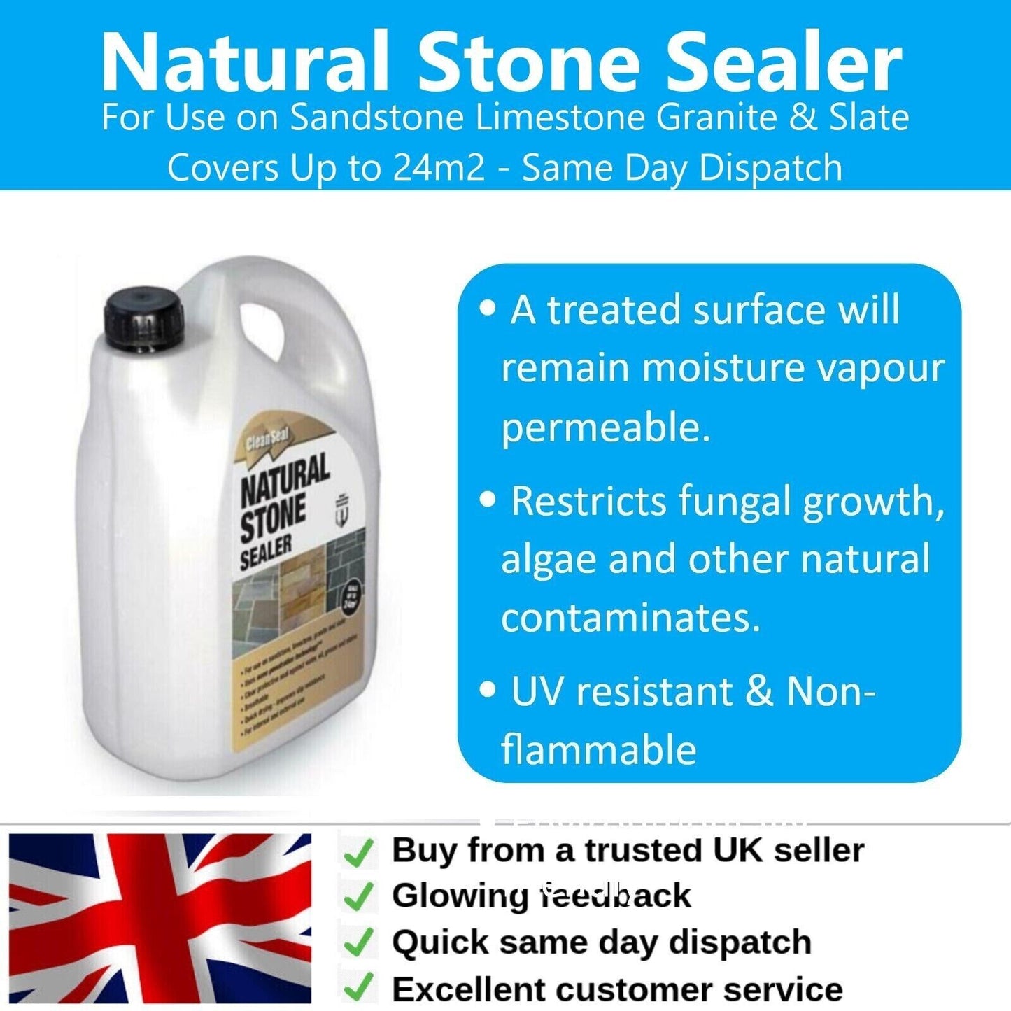 Stone Sealer Natural Indian Paving 4 Litre Seals Stone Clean Seal Patio 24m2 4L