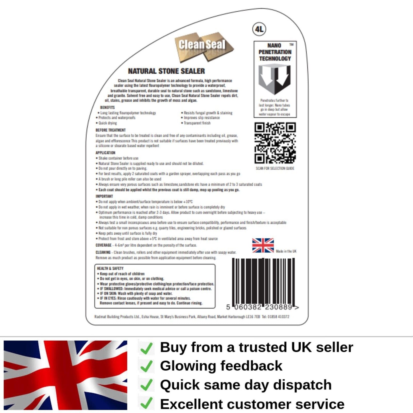 Stone Sealer Natural Indian Paving 4 Litre Seals Stone Clean Seal Patio 24m2 4L